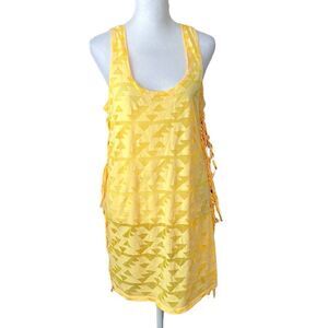 Miken swim size L bright yellow coverup with fringe down both sides EUC